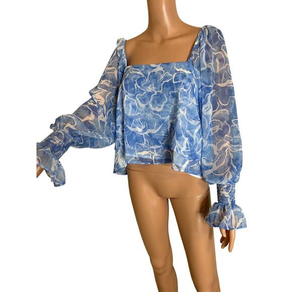 TART blouse top balloon/trumpet sleeves semi sheer baby blue/white flowy SZ MD - Picture 3 of 8